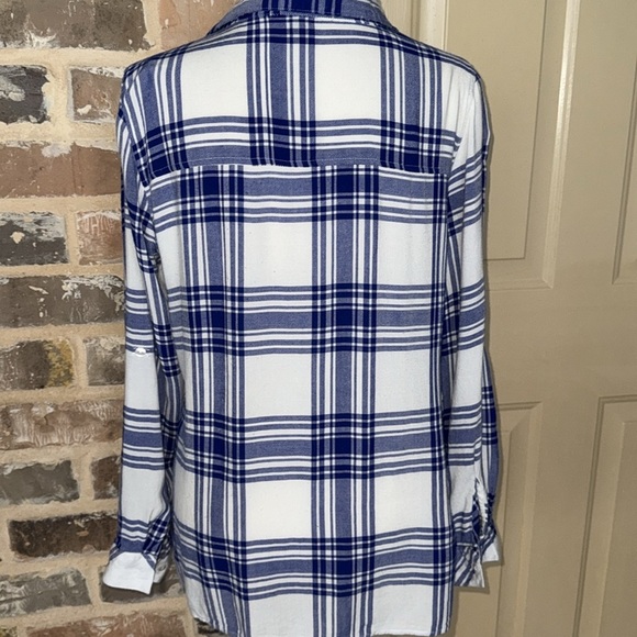 Derek Heart Blue Plaid Button Down Rolled Tab Sleeve Retro Chic Streetwear - Picture 5 of 12